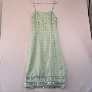 Vintage Maxou Y2K Silk Dress Size 8 Mint Green Coin Sequin Hem